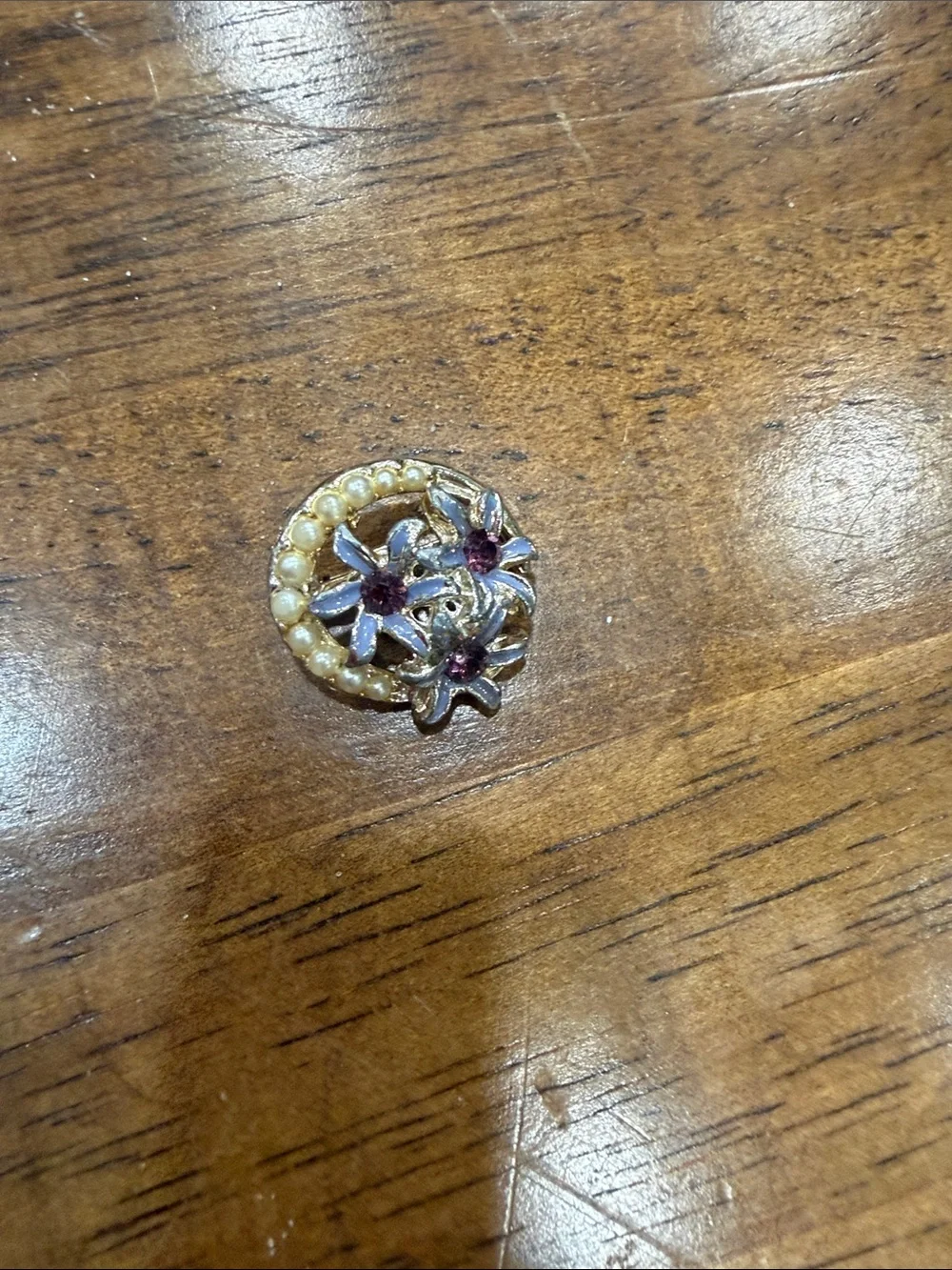 Floral Pearl Accent Brooch with Ruby Centers - Gold Tone
